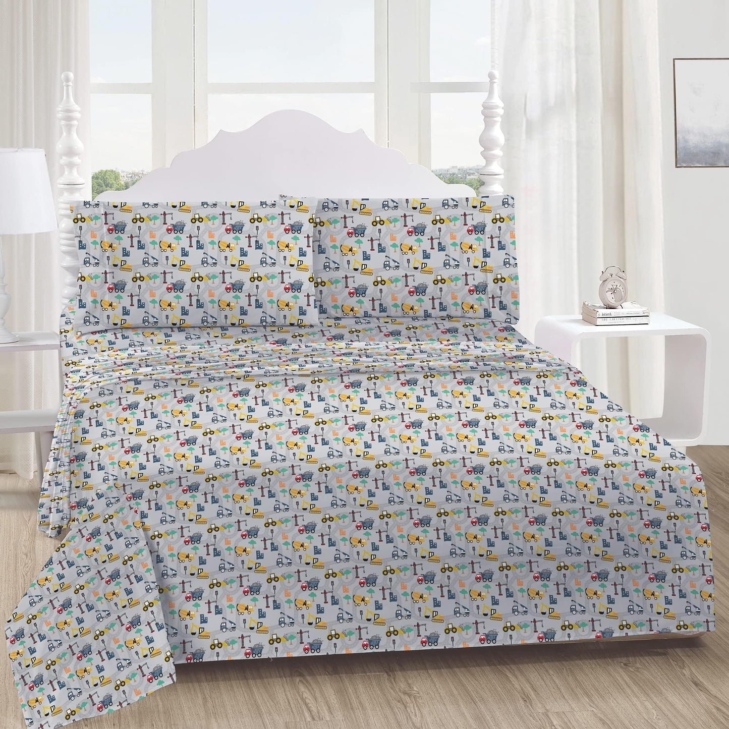 Softan Kids Bed Sheet Set, 3-Piece Twin Sheets Set, Microfiber Fitted Sheet with 15 Inches Deep Pocket and Corner Straps, Breathable & Silky Soft Excavator Pattern Sheet and Pillowcase Sets