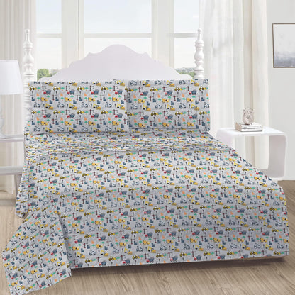 Softan Kids Bed Sheet Set, 3-Piece Twin Sheets Set, Microfiber Fitted Sheet with 15 Inches Deep Pocket and Corner Straps, Breathable & Silky Soft Excavator Pattern Sheet and Pillowcase Sets