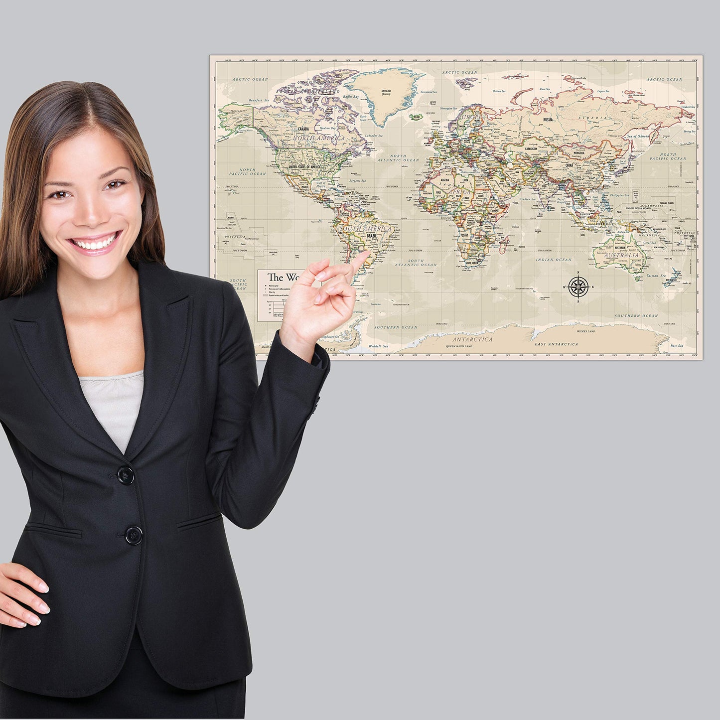 2 Pack - World Map [Tan/Color] & Antique Style World Map - Set of 2 Posters (LAMINATED, 18” x 29”)