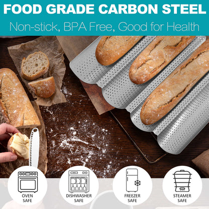 Anaeat Nonstick Perforated French Bread Baking Pan, 15"X 13" Premium Toast Mold Great for 4 Loaves Baguettes, French & Italian Bread Trays for Baking Loaf Bread, Durable & Heat Resistant (Silver)