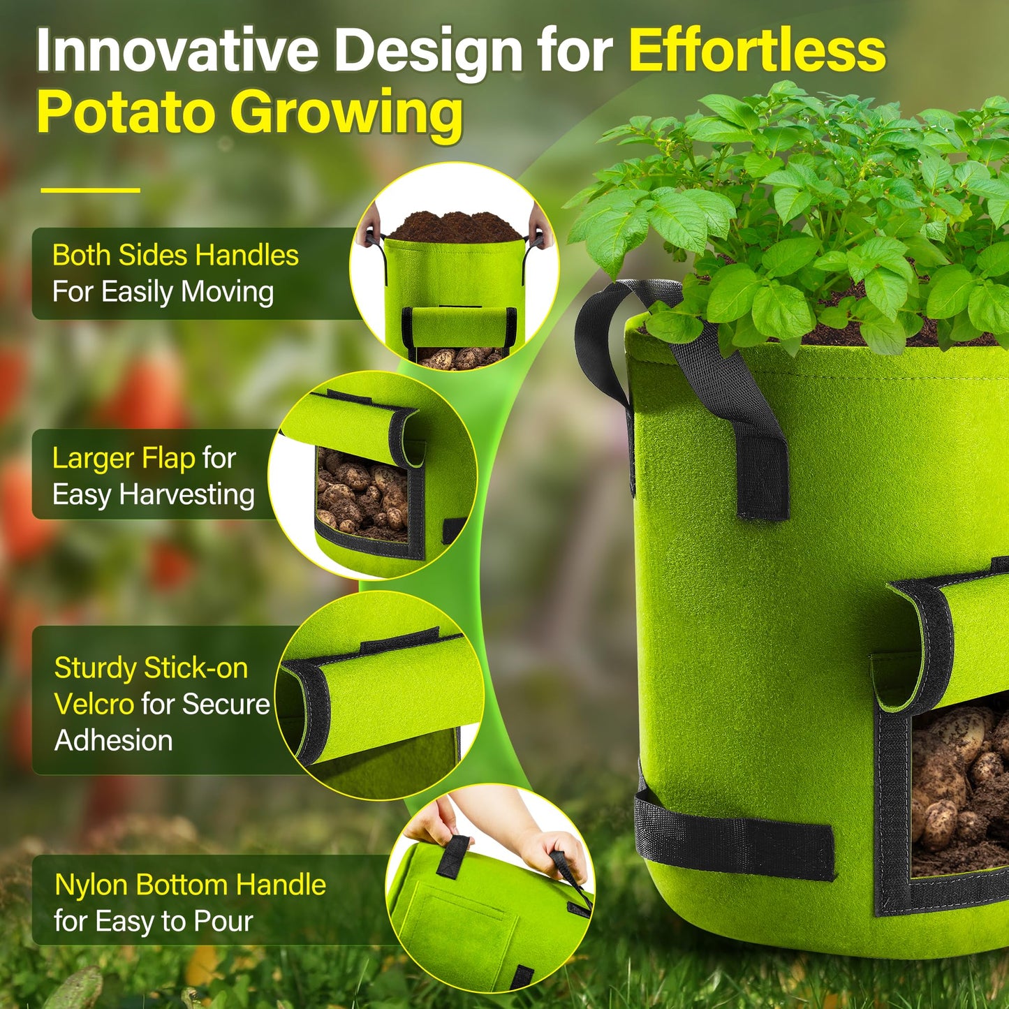 Suntee 6 Pack 10 Gallon Potato Grow Bags with Flap, Thickened Nonwoven Fabric Grow Bags for Growing Potatoes, Colorful Plant Grow Bags Pots Gardening Vegetable Potato Growing Bags with Durable Handles