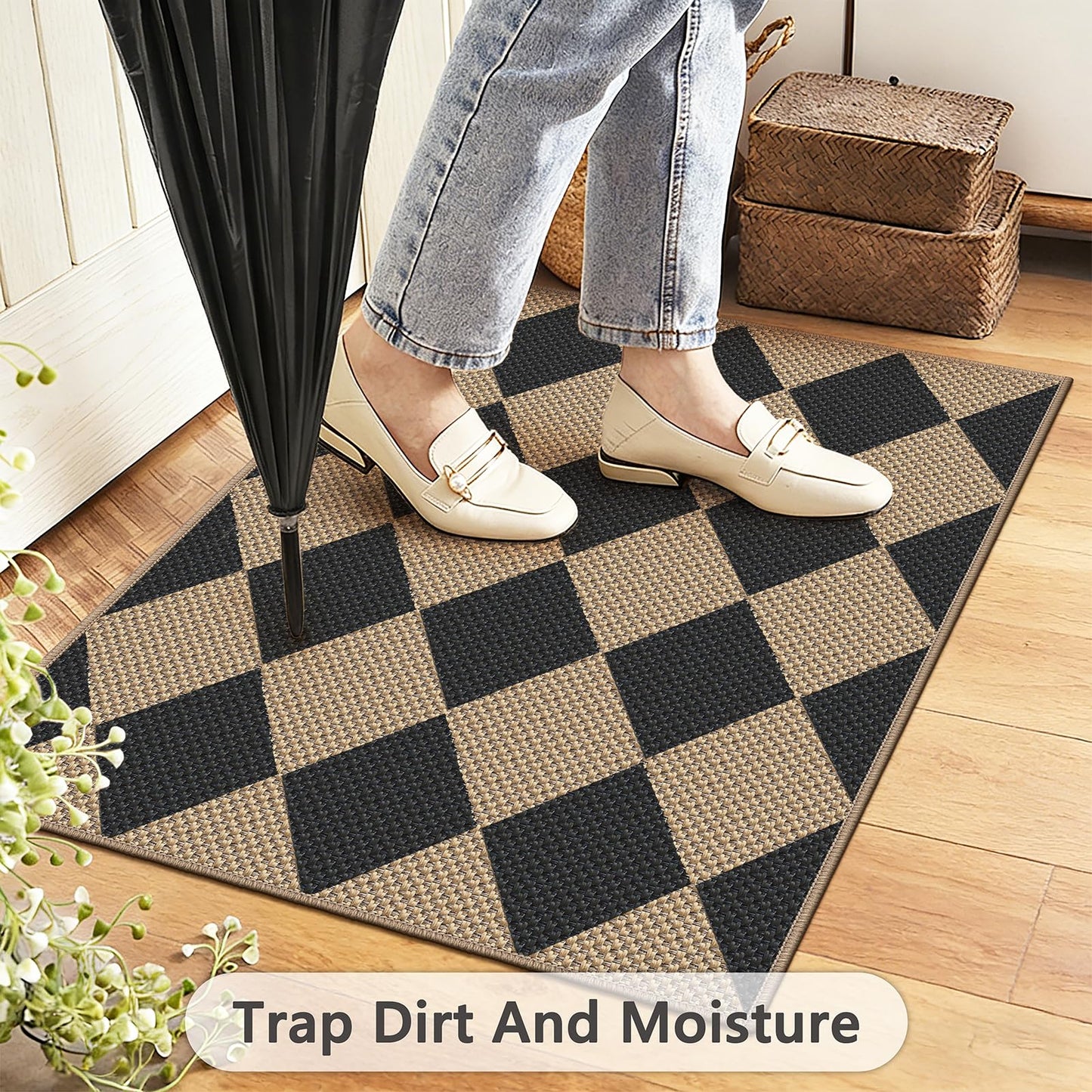 Capslpad Indoor Door Mat 24"x36",Non-Slip Checkered Front Door Mat Indoor,Easy Jute Low-Profile Entryway Mat,Mud Trapper Absorbent Inside Floor Mats Area Rug for Entrance Entry(Nature/Black)