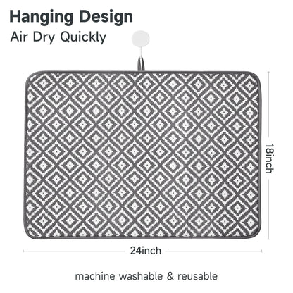 Subekyu 2 Pack Dish Drying Mat, 24 * 18 inch Ultra Absorbent Microfiber Dishes Drainer Mats for Kitchen Counter, Large Size Dish Drying Pad with Rhombus Patterns