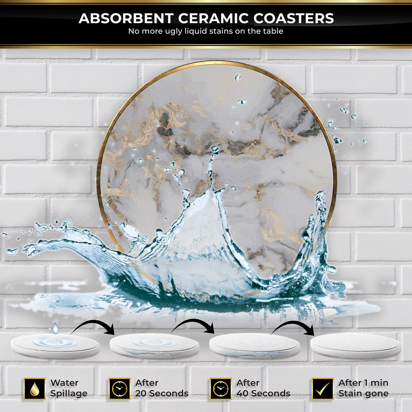 KROWN KITCHEN - 6 Pieces Coasters for Drinks Absorbent with Holder. Stone Coasters with Cork Base. Gift Ideas