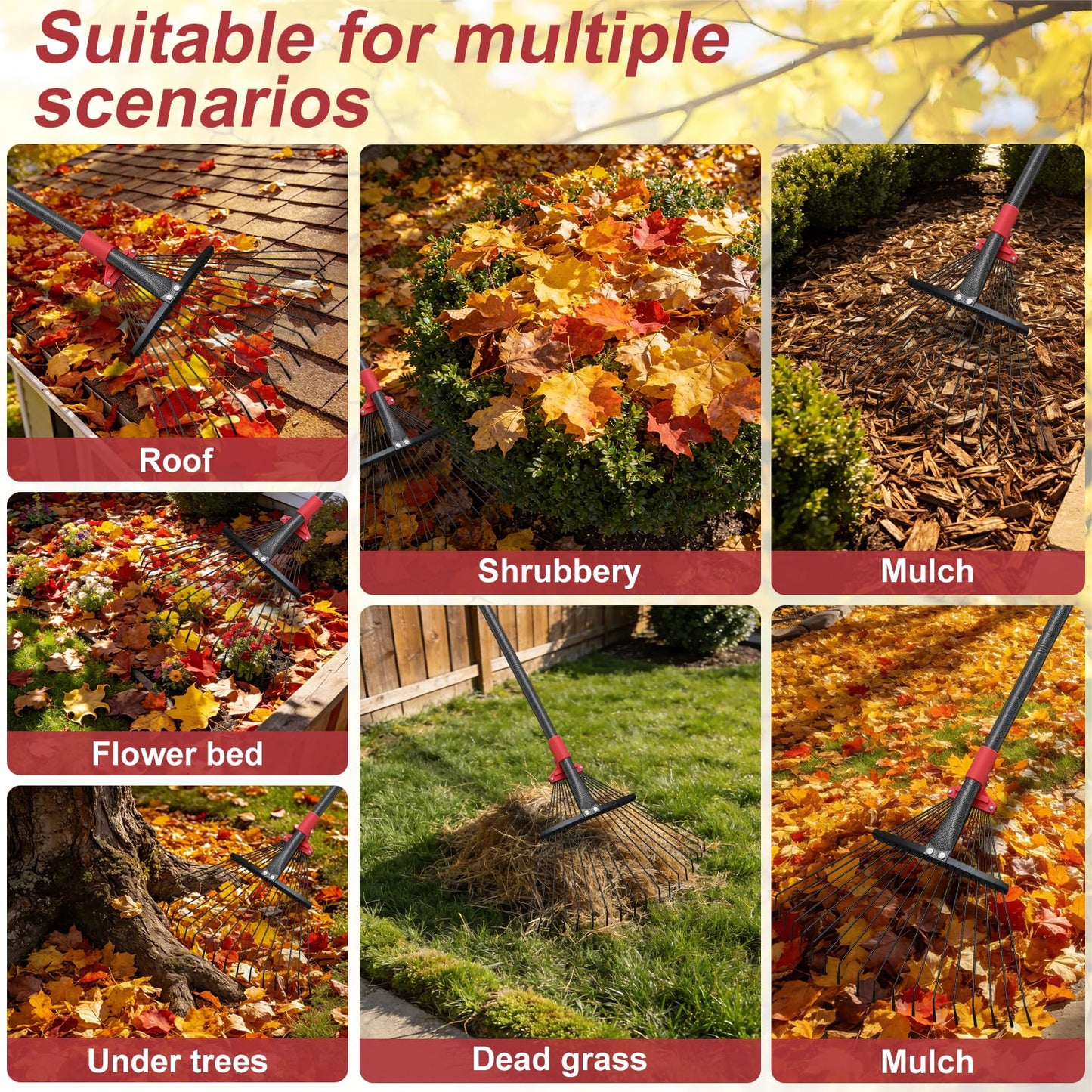 76 Inch Rake for Leaves, Adjustable 18 Metal Tines with Expandable Head Garden Rakes for Lawns Heavy Duty Metal Rake for Leaves Yard Gardening Grass Outdoor Debris