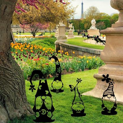 4PCS Metal Black Gnomes with Flower Garden Statues Garden Decor Outdoor Decorative Metal Art for Courtyard Yard Lawn