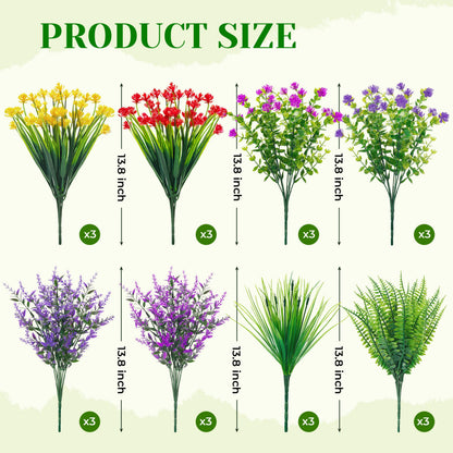 Der Rose 24 Bundles UV Resistant Fake Flowers Spring Artificial Flowers for Outdoors for Garden Patio Porch Farmhouse Home Window Box Decor（Colourful）