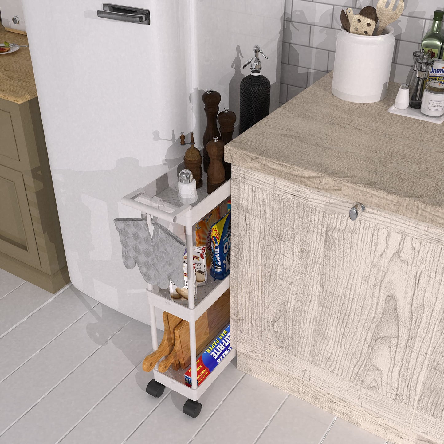 Simple Houseware 3-Tier Slim Rolling Cart with Handle and Hooks for Narrow Storage Places in Bathroom, Laundry and Kitchen, White