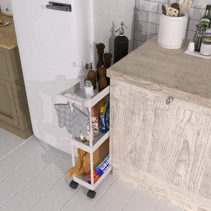 Simple Houseware 3-Tier Slim Rolling Cart with Handle and Hooks for Narrow Storage Places in Bathroom, Laundry and Kitchen, White