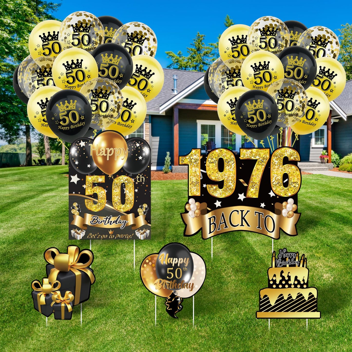 5Pcs 50th Birthday Yard Sign 16" Large Happy Birthday 50th Decorations for Men Women Birthday Party Lawn Signs Decorations with Stakes & 15pc Black Gold 50th Birthday Balloons for 50th Birthday Party