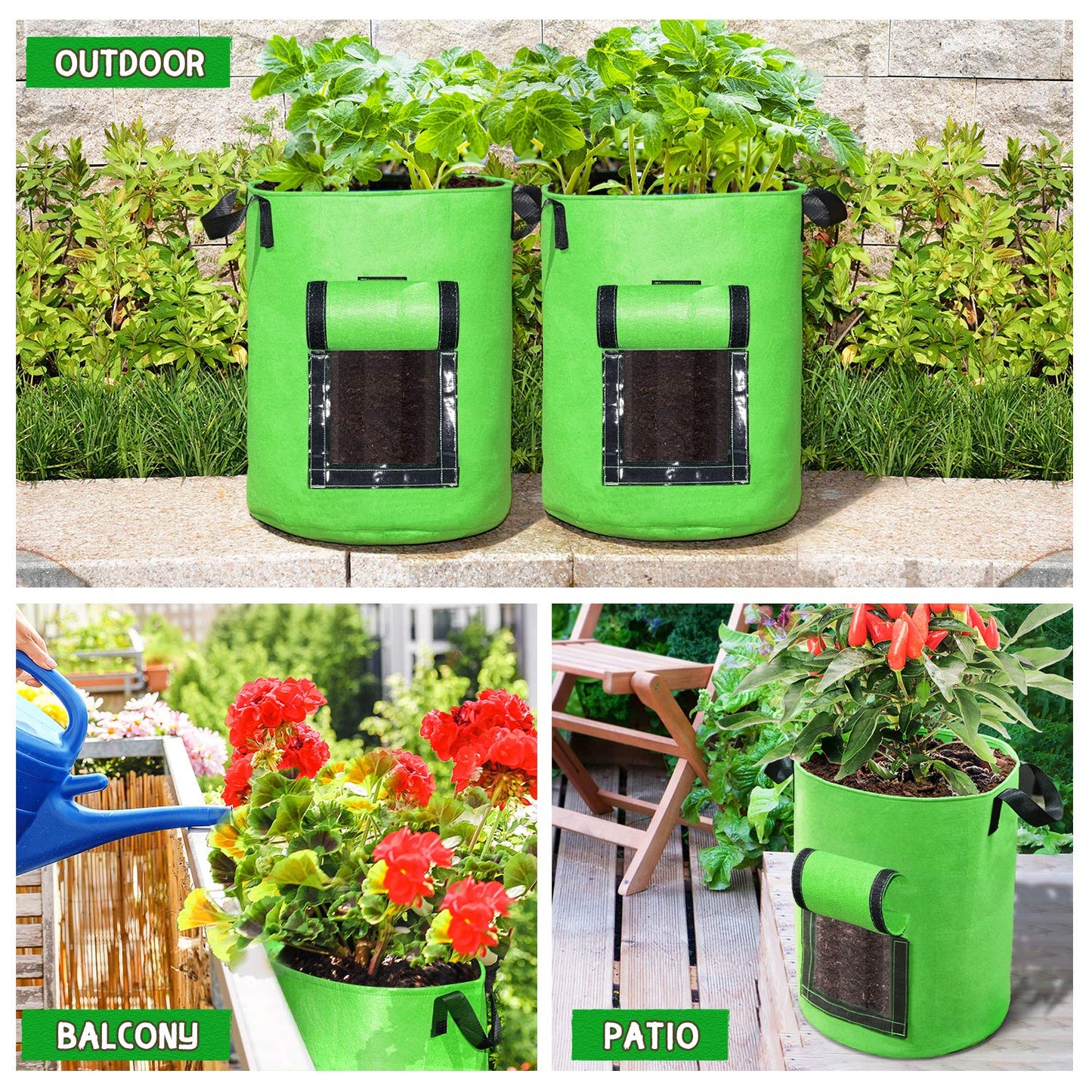 SCENGCLOS 6 Pack 10 Gallon Grow Bags, Sealed Window Planter Bags, Breathable Thickened Non-Woven Fabric Plant Pots with Access Flap, Garden Planting Bags for Grow Potato,Tomato,Carrot