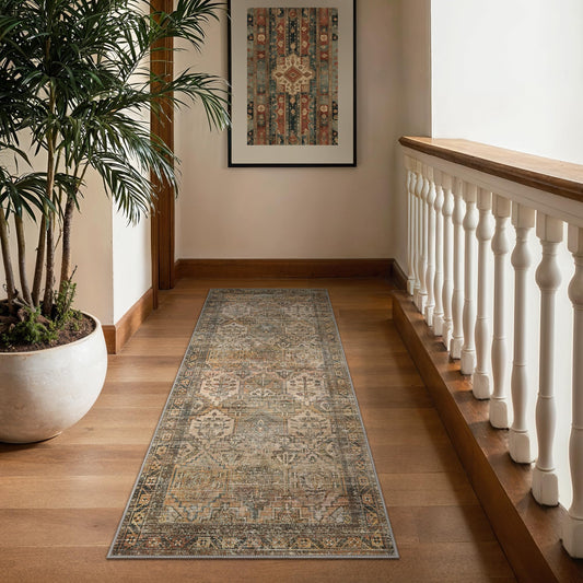 Bavni 2x5 Runner Rugs for Hallways Kitchen Entryway, Washable Runner Rug Vintage Distressed Print Carpet, Ultra-Thin Chenille Low Pile Lightweight Rug with Non Slip Backing, Sepia