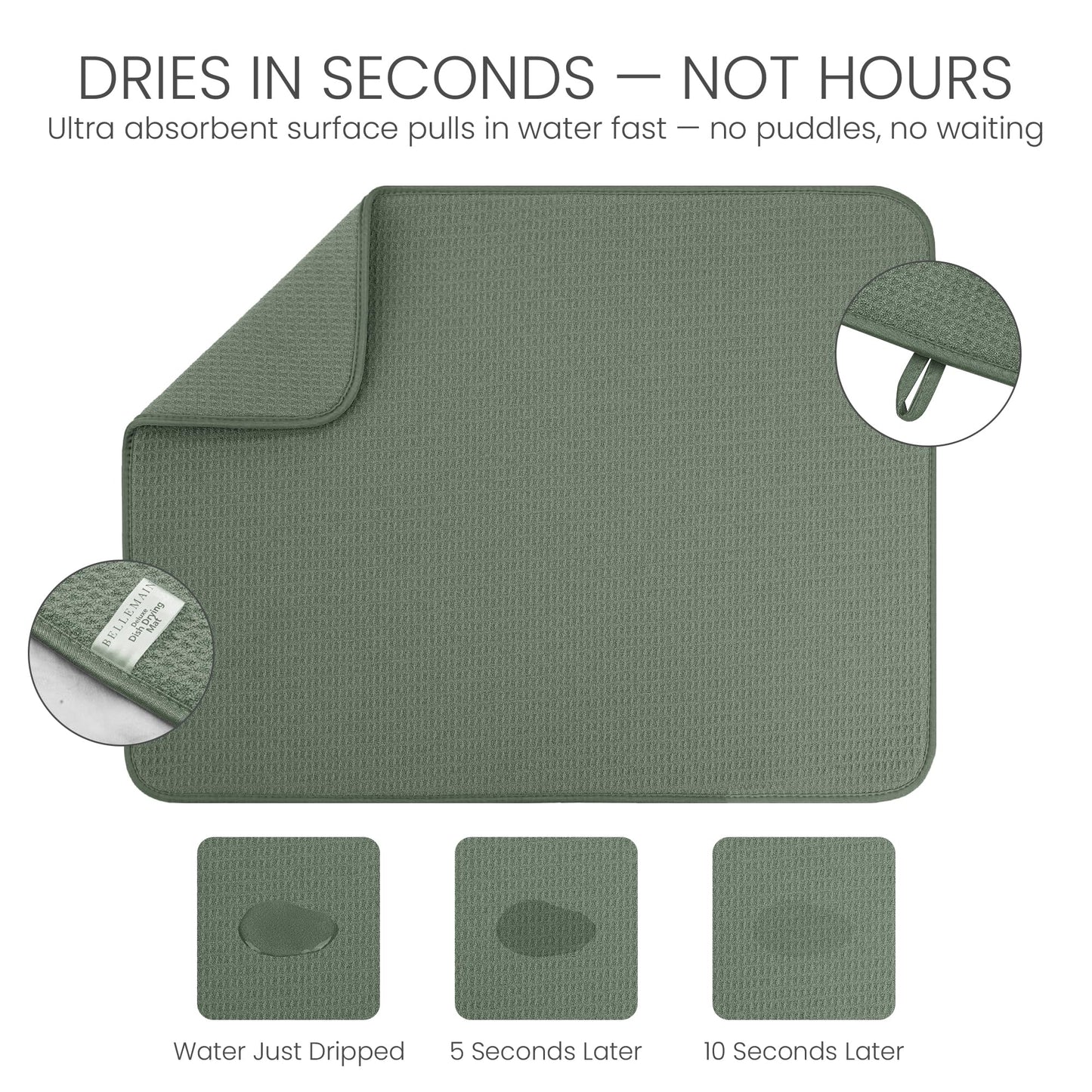 Bellemain XXL Dish Mat 24" x 17" ( LARGEST MAT ) Microfiber Dish Drying Mat , Super absorbent ( Green )