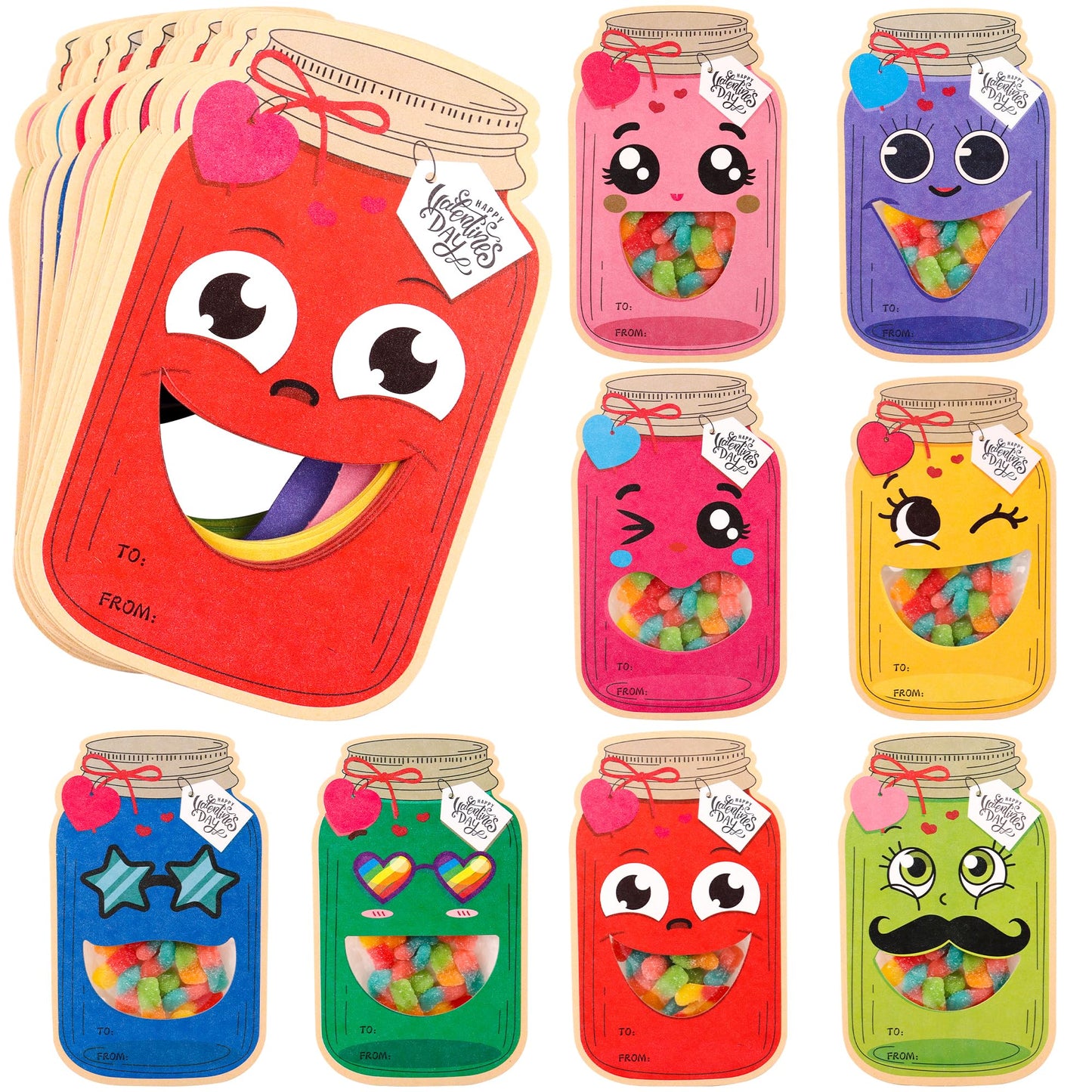 POPGIFTU Valentines Day Cards – 48 Pack Funny Face Mason Jar Valentine Cards with Treat Bags, Exchange Cards for Valentines Day (Candy Not Included)
