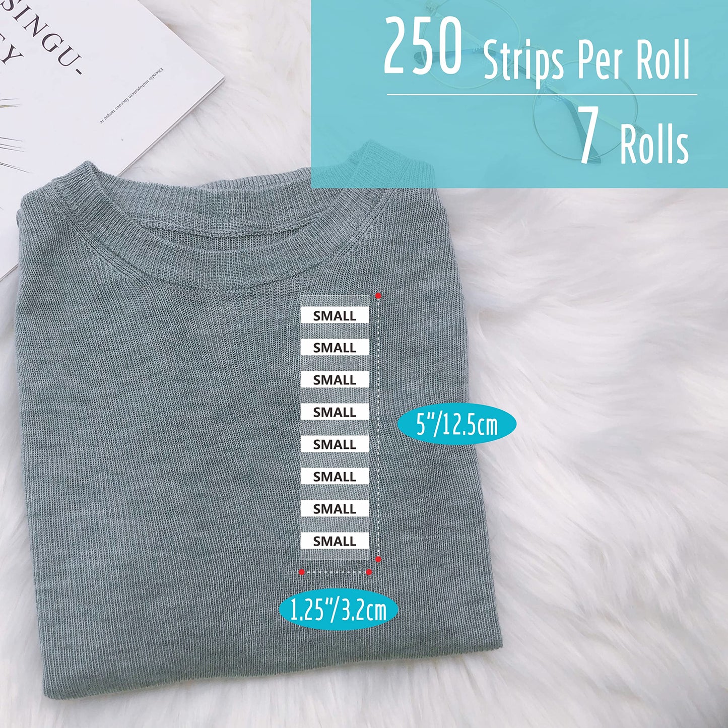 1750 PCS Clear Clothing Size Strip Labels, Tear-Resistant, Residue-Free, Black and White Fonts, 250 Strips Per Roll (7 Rolls, 1.25" X 5")