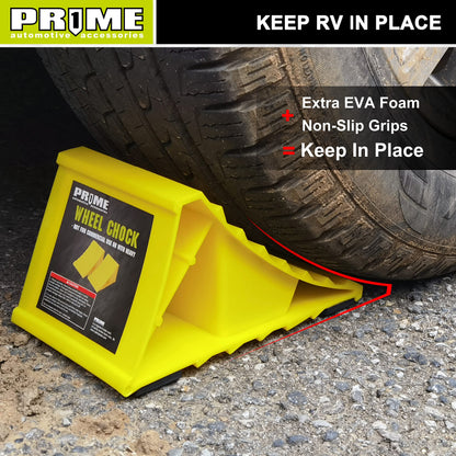 PR1ME Wheel Chocks with Non-Slip Base for RV & Trailer. 2 Pack Safety Wheel Chock with Bright Yellow. Lightweight Wheel Stoppers for Cars Camper Trucks RVs, Fit for Most Tyre Sizes