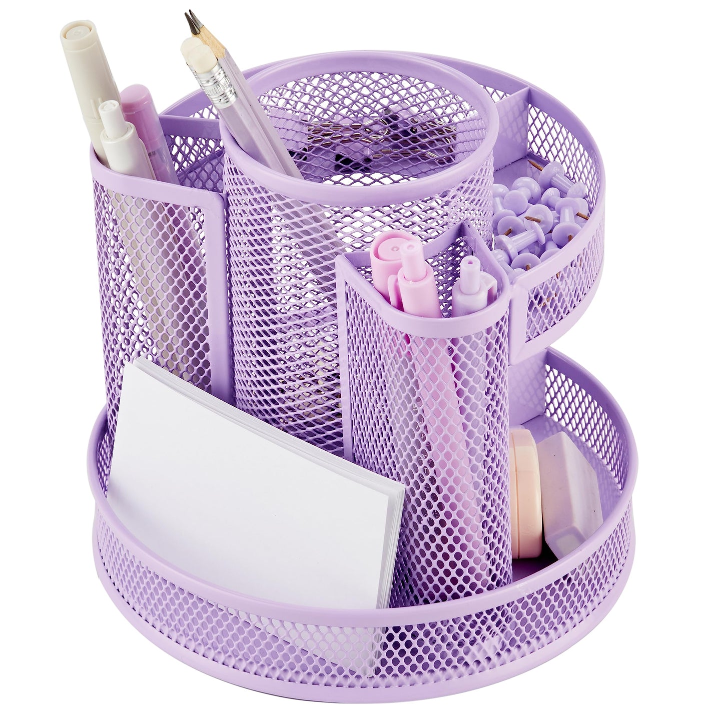 Annova Mesh Desk Organizer Rotate with 6 Compartments Round Spinning Tidy Candy/Pen Holder Desk Accessories Office, Art Supply, Storage, Classroom, Home (Light Purple)