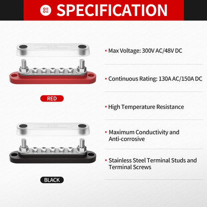 DaierTek 12v Bus Bar 150A Battery Power Distribution Block 12 Volt Positive & Negative Terminal Block Busbar 2 x 1/4" Terminal Studs 5 x #8 Terminal Screws with Cover for Marine Automotive Car