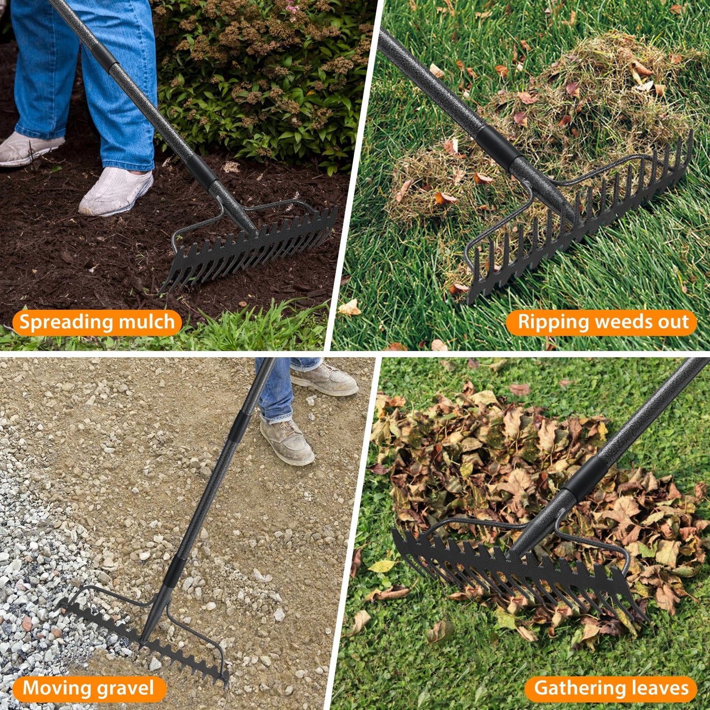 Rake for Lawn, 63" Long Handle, 17 Inch Wide Heavy Duty Garden Rake Thatch Leaf Rakes for Raking Leaf Loosening Soil Gathering Mulch Leveling Rocks, Rustproof Metal Bow Rakes for Leaves Grass