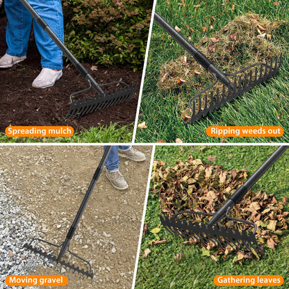 Rake for Lawn, 63" Long Handle, 17 Inch Wide Heavy Duty Garden Rake Thatch Leaf Rakes for Raking Leaf Loosening Soil Gathering Mulch Leveling Rocks, Rustproof Metal Bow Rakes for Leaves Grass