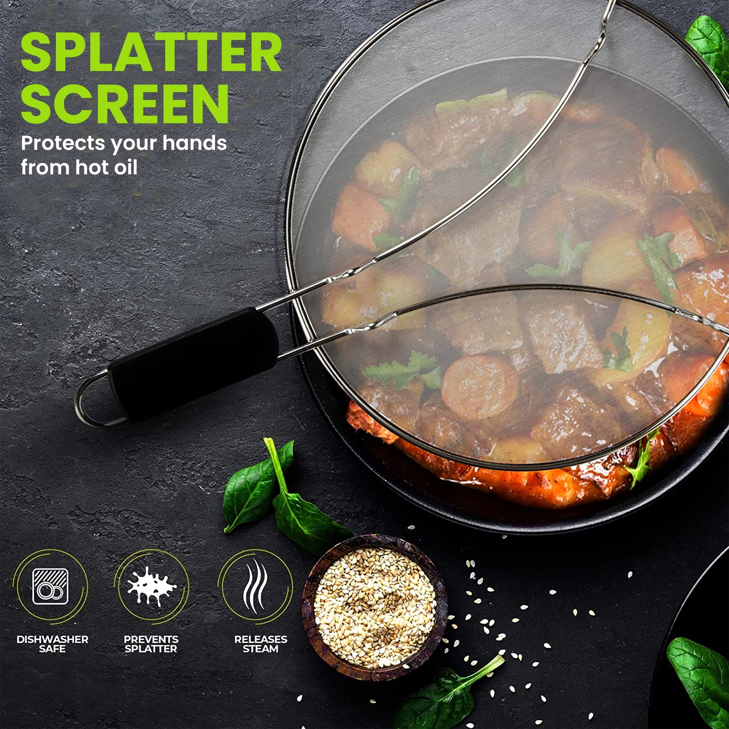 13" Grease Splatter Screen for Cooking | Stainless Steel Oil Splatter Guard and Ultra-Fine Mesh Protects Skin from Burns | TPR Tight-Grip Handle (Only Buy from KAFOOR LLC)