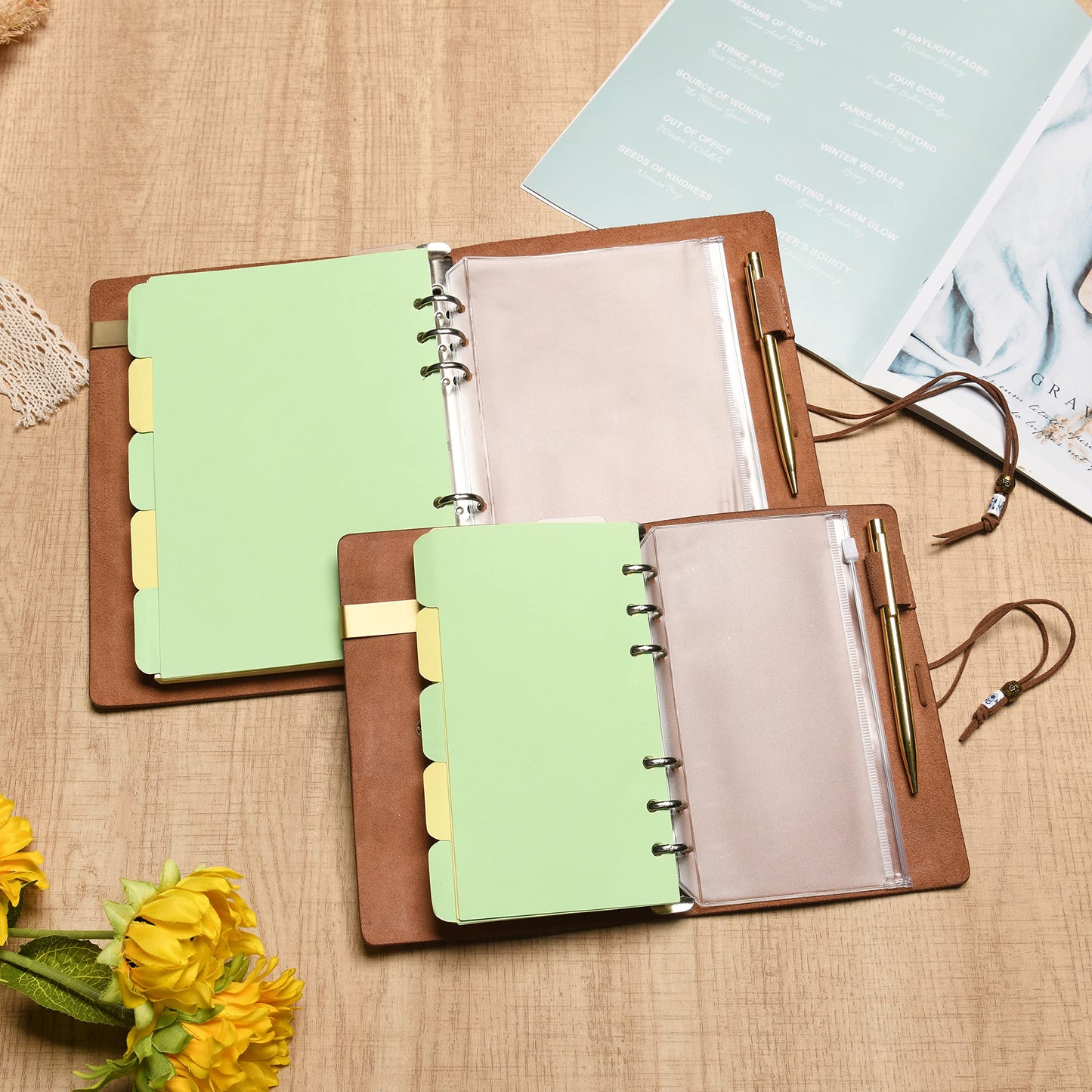 Wonderpool Leather Journal Lined Paper Notebook & Pen - Refillable 6 Ring Binder Writing Spiral Diary with Ruled Notepads Vintage Cover for Office Travel Work and Plan Agenda (a-Brown, A5)