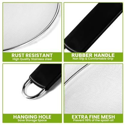13" Grease Splatter Screen for Cooking | Stainless Steel Oil Splatter Guard and Ultra-Fine Mesh Protects Skin from Burns | TPR Tight-Grip Handle (Only Buy from KAFOOR LLC)