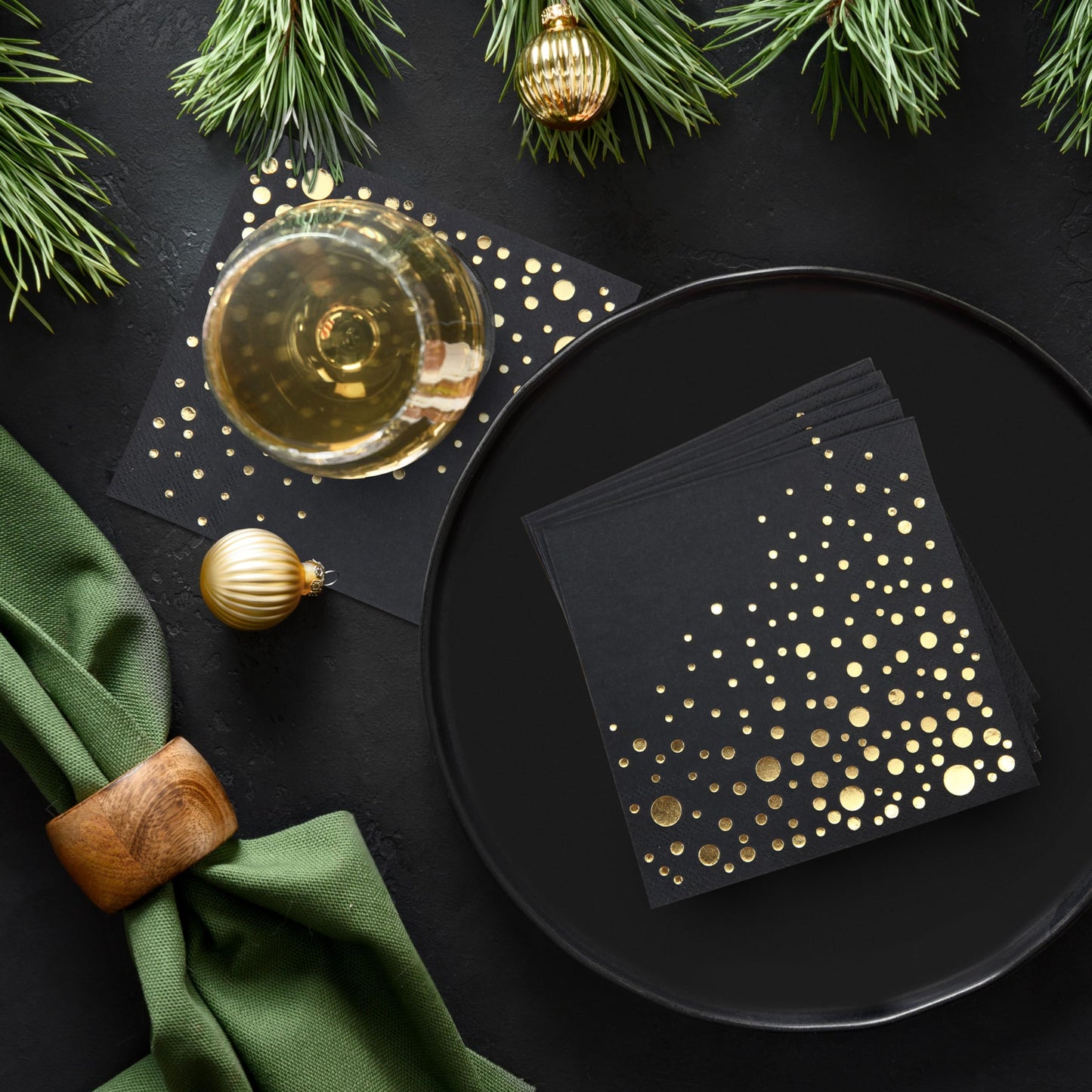 Stylish Black and Gold Napkins - 100 Pack of Disposable 5x5 Inch Black and Gold Cocktail Napkins- Disposable 3-Ply Black Cocktail Napkins for Party - Black Paper Napkins