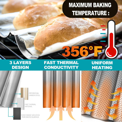 Anaeat Nonstick Perforated French Bread Baking Pan, 15"X 13" Premium Toast Mold Great for 4 Loaves Baguettes, French & Italian Bread Trays for Baking Loaf Bread, Durable & Heat Resistant (Silver)