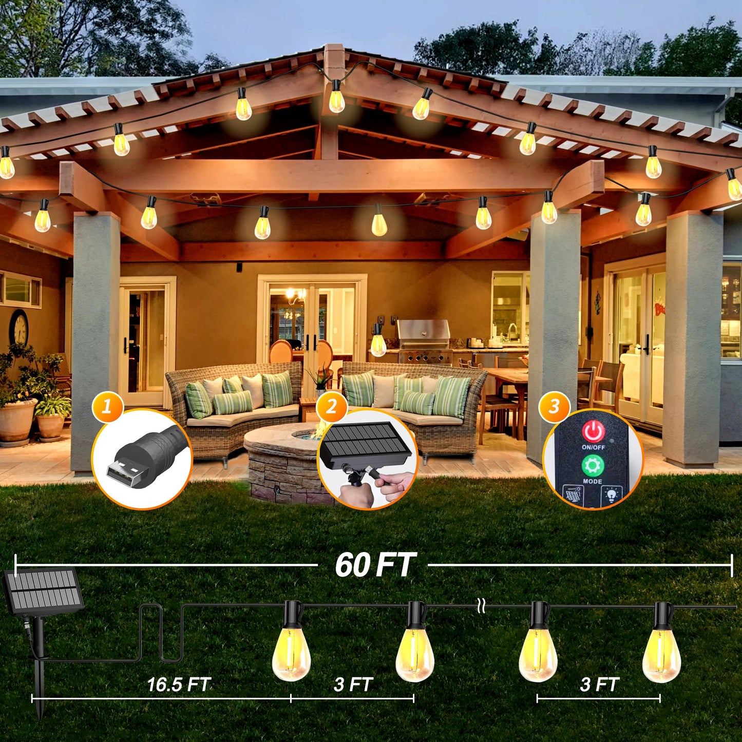 BLIATLUS 60FT Solar String Lights Outdoor Waterproof with Remote Control Solar Patio Lights 15+2 shatterproof LED Bulbs for Porch Garden Market Bistro Patio Backyard Fence
