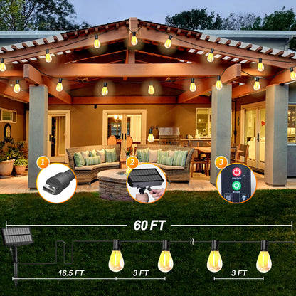 BLIATLUS 60FT Solar String Lights Outdoor Waterproof with Remote Control Solar Patio Lights 15+2 shatterproof LED Bulbs for Porch Garden Market Bistro Patio Backyard Fence