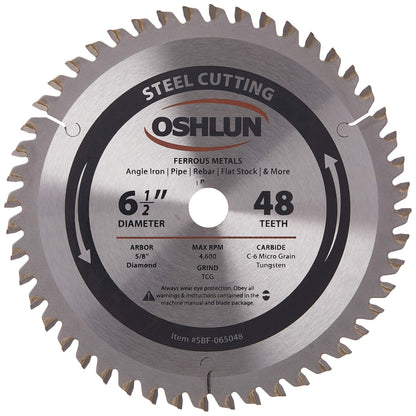 Oshlun SBF-065048 6-1/2-Inch 48 Tooth TCG Saw Blade with 5/8-Inch Arbor (Diamond Knockout) for Mild Steel and Ferrous Metals