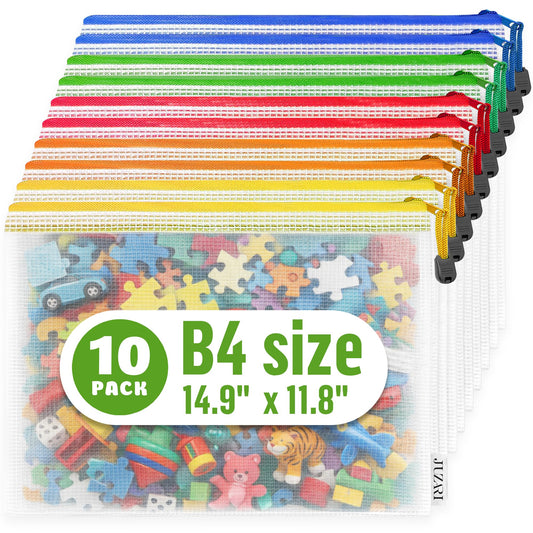 10 Pack Large Mesh Zipper Pouch B4 (12x15in) Mesh Bags with Zipper for Organizing Board Game Puzzle - School Teacher Classroom Organization Zip Storage Bags - Plastic Zippered Pouches Zippered Pouches
