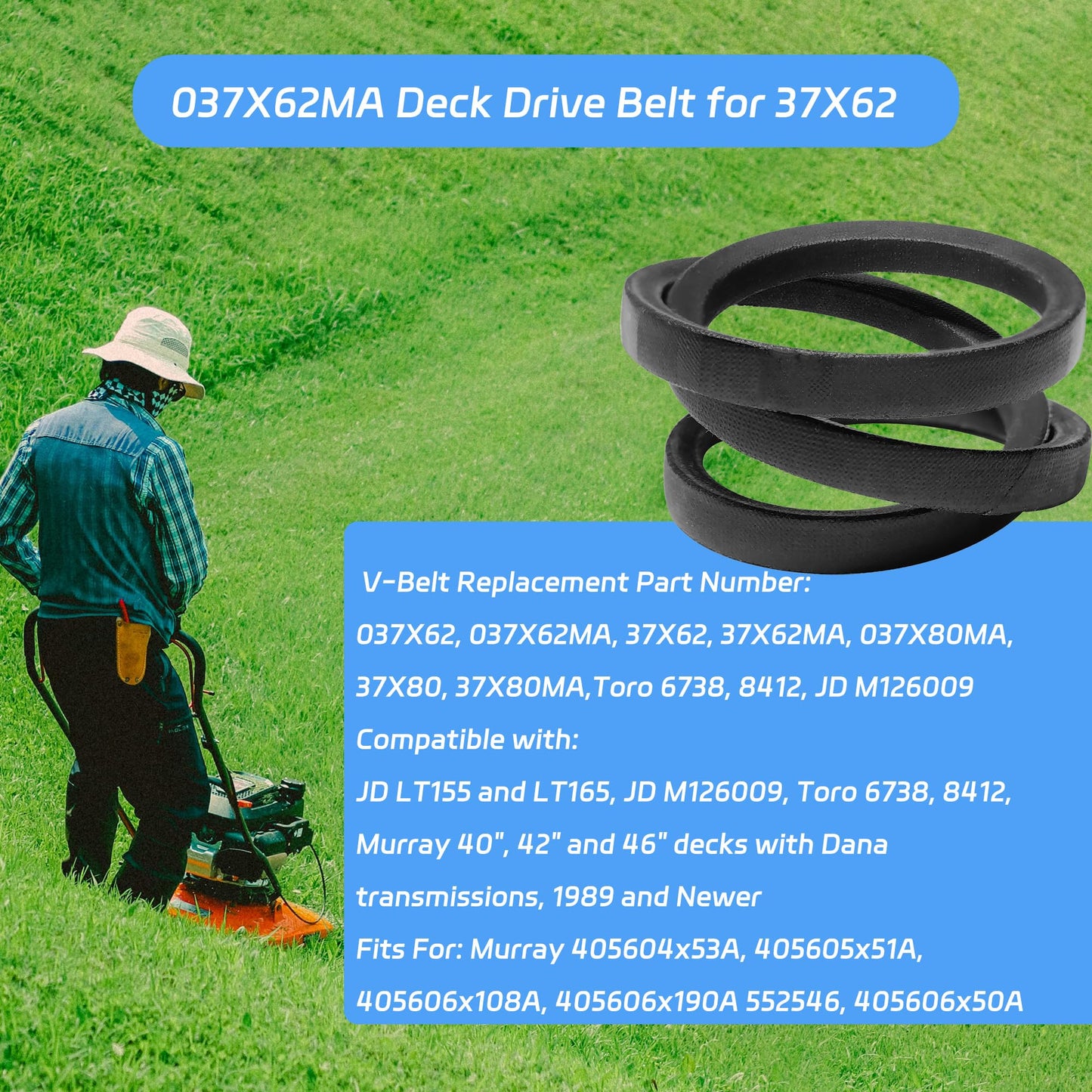 037X62MA Deck Drive Belt 1/2"x86" for Murray 40 Inch 37X62 037X62MA 37X62 37X62MA 405015x92B 40507x8B 42541B Lawnmower Belt
