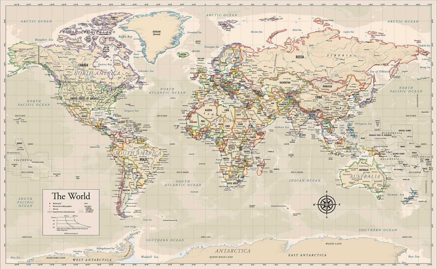 2 Pack - World Map [Tan/Color] & Antique Style World Map - Set of 2 Posters (LAMINATED, 18” x 29”)
