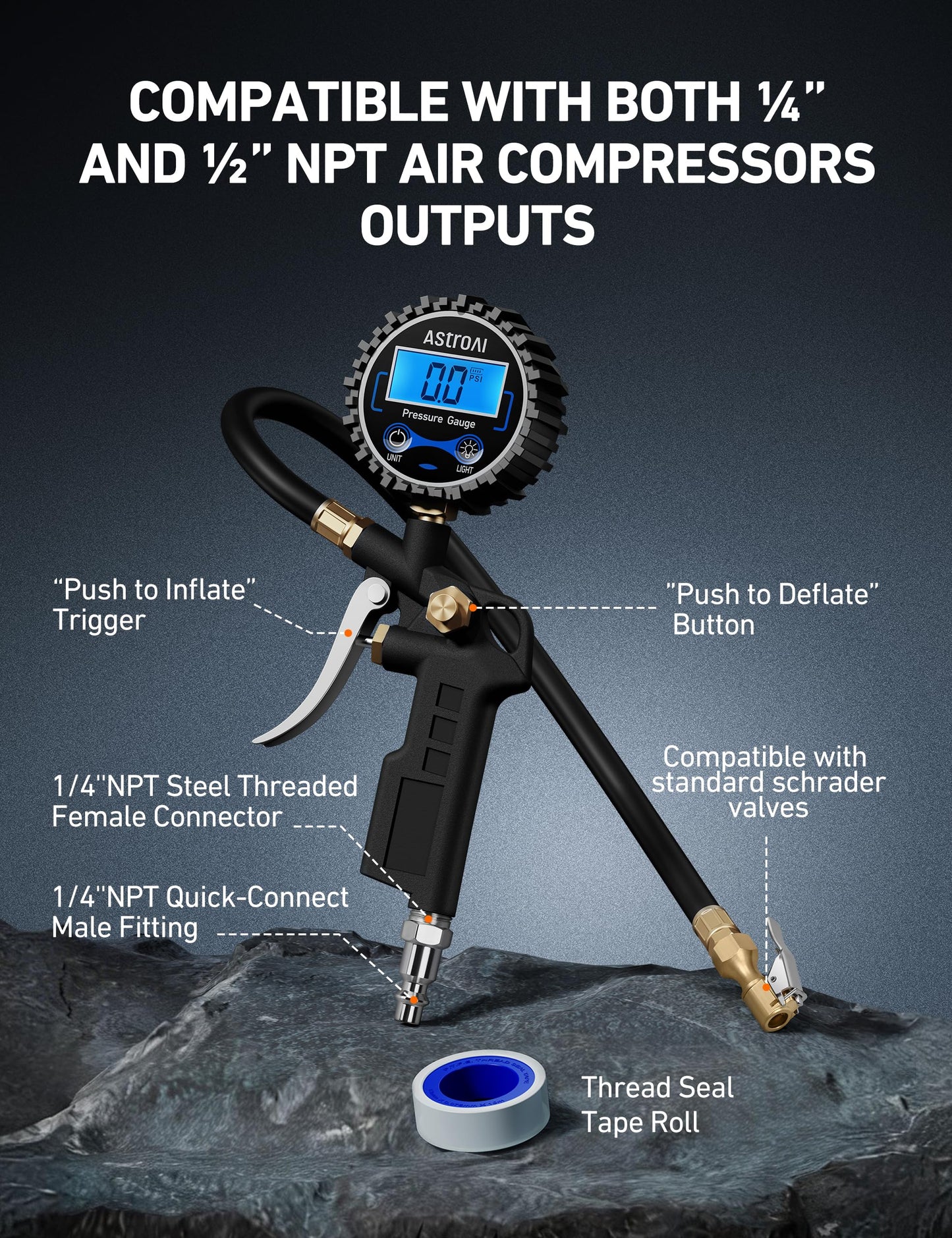 AstroAI Digital Tire Inflator with Pressure Gauge 3-250 PSI, Industrial Tire Pressure Gauge, Heavy Duty Air Compressor Accessories with Air Chuck for Car, SUV, Truck, Motorcycle, Standard 250PSI