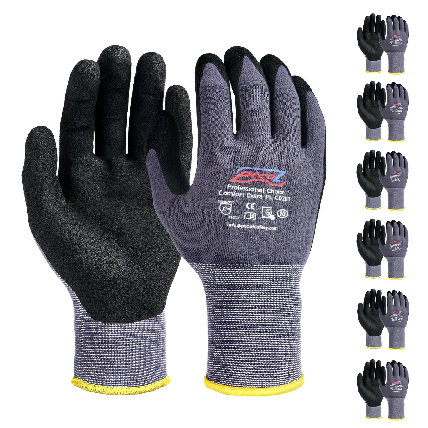 PTCOL Safety Work Gloves Micro-Foam Nitrile Coated-6 Pairs, Seamless Knit Touchscreen Nylon Gloves, with Black Nitrile Grip, for Warehouse, Home Improvement, Automotive, Construction (XX-Large)