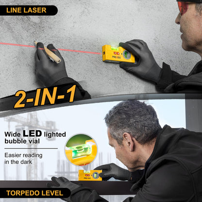 PREXISO 2-in-1 Line Laser Level – Mini Torpedo Level with Rotatable Magnetic Pocket, 30Ft Laser Line Leveler Tool for Picture Hanging, Wall Marking, Painting & Home Renovation
