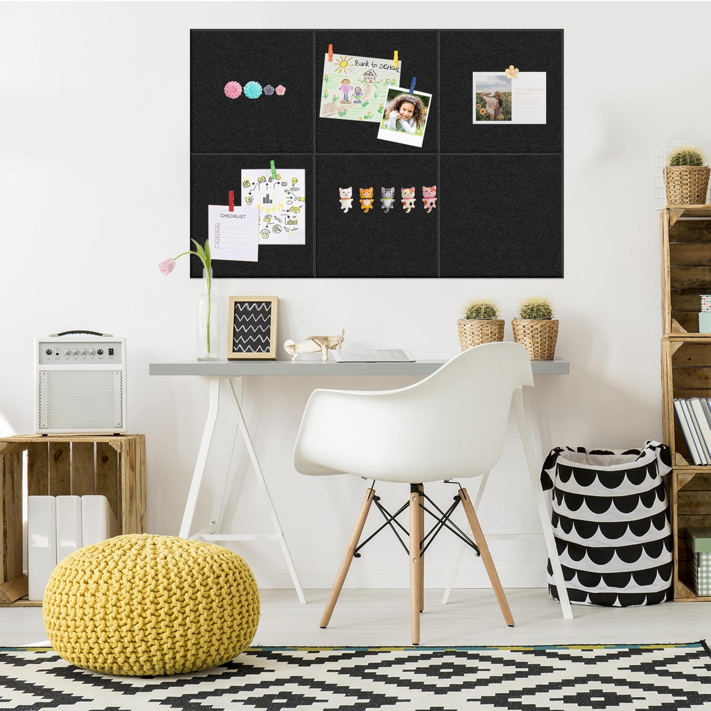 Yunihome Cork Board for Walls 36" x 24", 6 Pack Felt Bulletin Board Wall Tiles with 30 Push Pins for Home Kitchen School Office Wall DIY Decorative