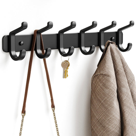 Coat Rack Wall Mounted Heavy-Duty: Metal Coat Hanger 6 Hooks for Hanging Hat, Clothes, Robe, Keys, Backpack, Bathroom Towels, Jacket, Purse - Closet, Door, Entryway, Mudroom (Black, 2 Pack)