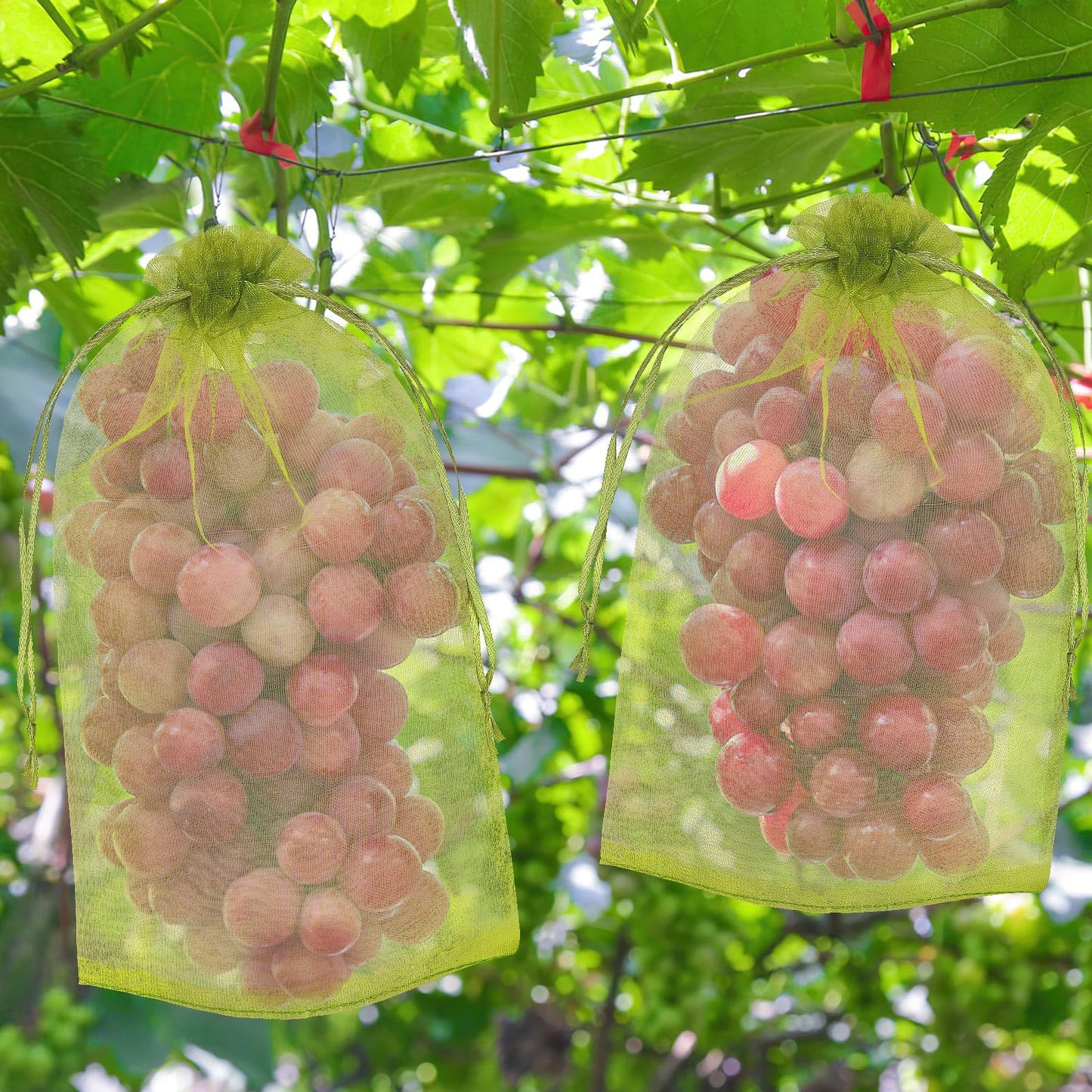 DECYOOL 120 PCS Fruit Protection Bags 8x12 inch, Green Fruit Bags for Fruit Trees Fruit Netting Cover Drawstring Mesh Bags Suit for Mangoes Tomatoes Fruit Trees Veggies Garden