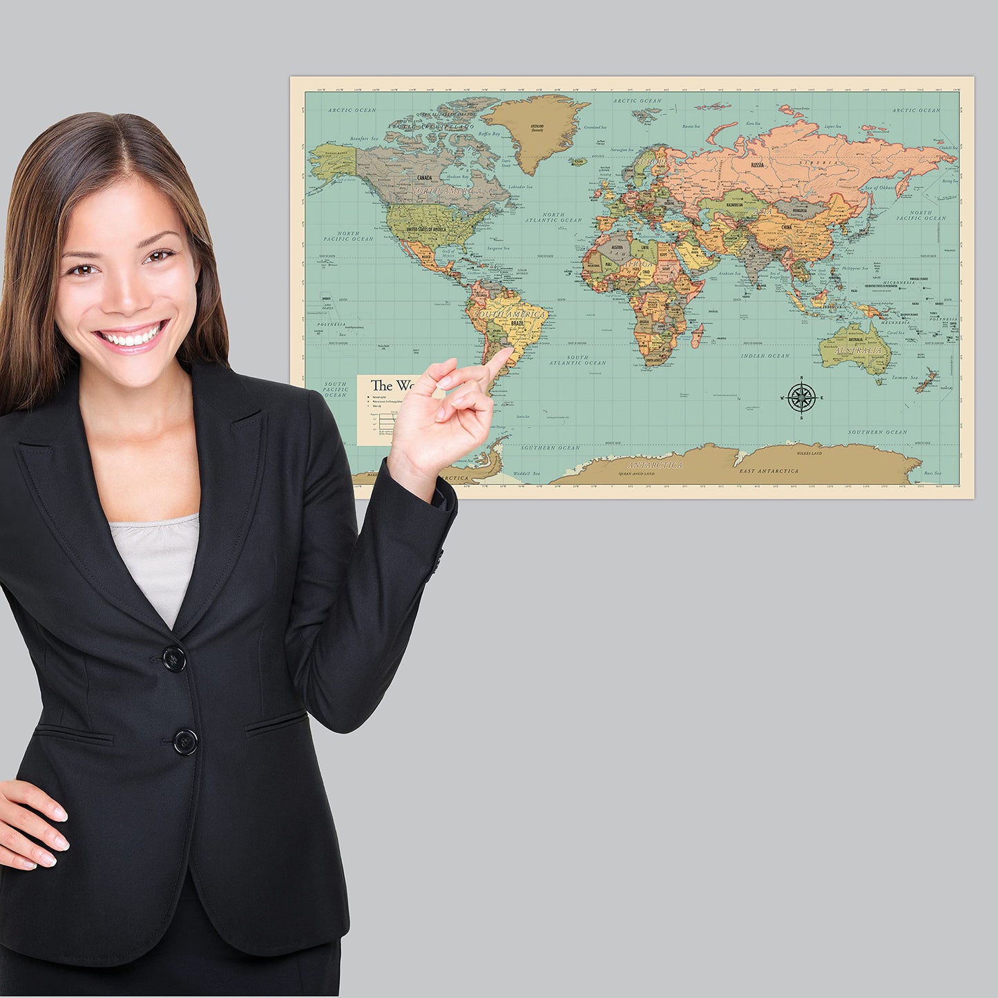 2 Pack - World Map [Tan/Color] & Antique Style World Map - Set of 2 Posters (LAMINATED, 18” x 29”)