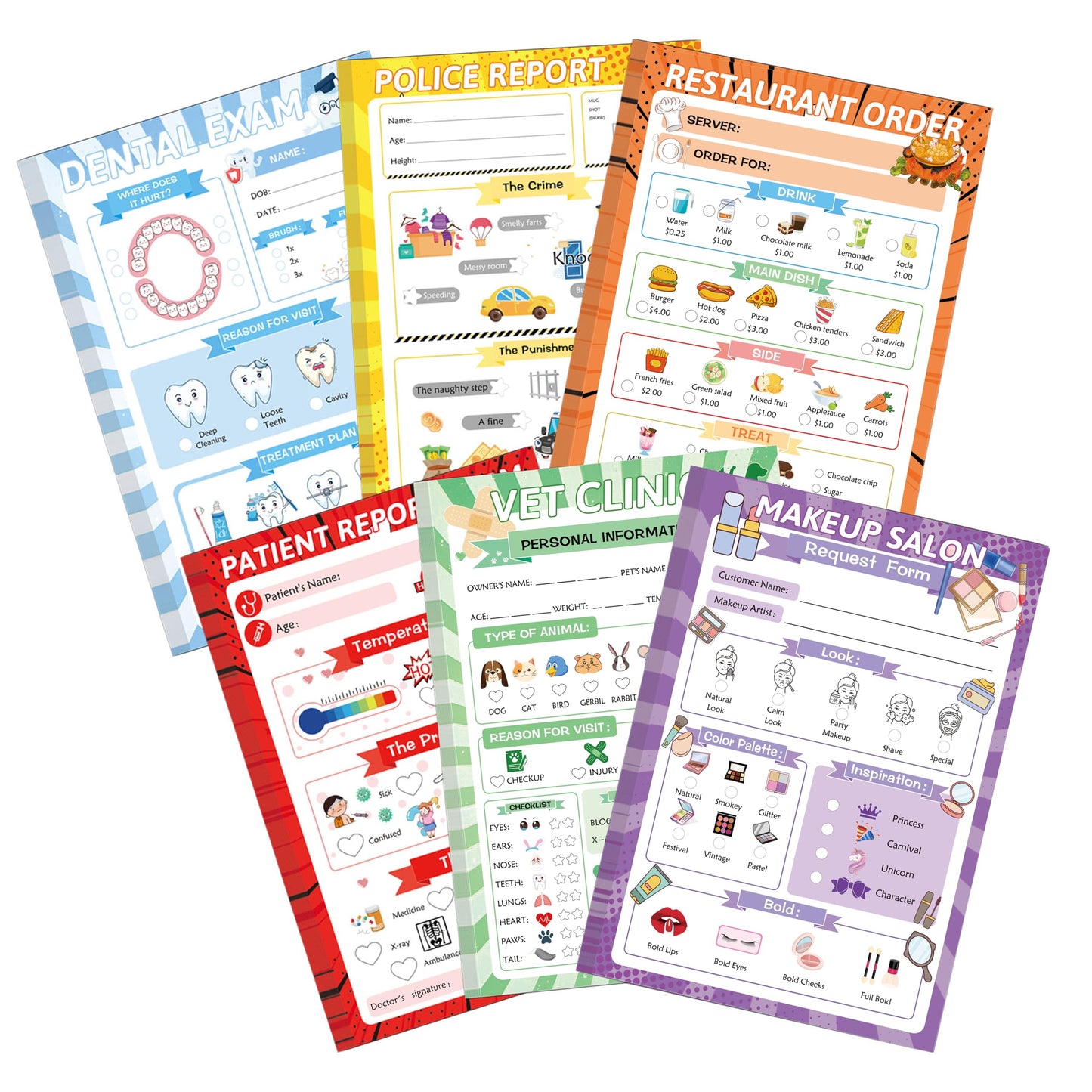 Pretend Play Notepads 6 Pack Playtime Pads Pretend Notebooks Imaginative Restaurant Doctor Police Vet Dentist Role Play Game Notepads for Boys & Girls