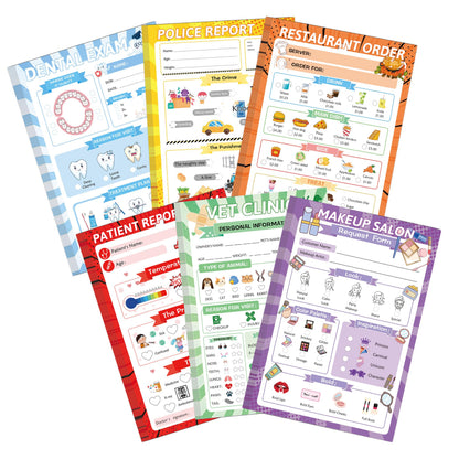 Pretend Play Notepads 6 Pack Playtime Pads Pretend Notebooks Imaginative Restaurant Doctor Police Vet Dentist Role Play Game Notepads for Boys & Girls
