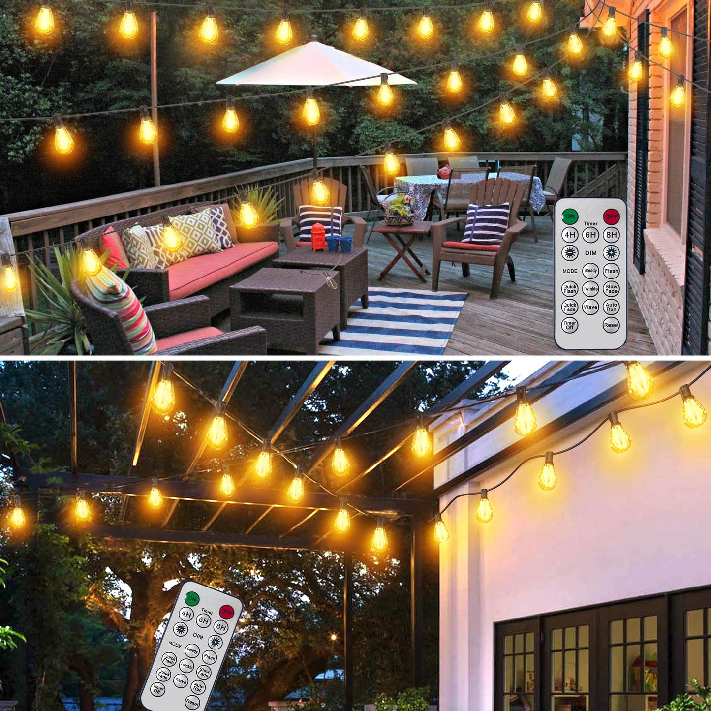 BLIATLUS 60FT Solar String Lights Outdoor Waterproof with Remote Control Solar Patio Lights 15+2 shatterproof LED Bulbs for Porch Garden Market Bistro Patio Backyard Fence