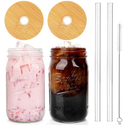 ANOTION Mason Jar with Lid and Straw, 32oz Wide Mouth Cup Reusable Drinking Glasses Tumbler Smoothie Water Bottles for Iced Coffee Margaritas Ice Cream Juice Cocktail Christmas Gifts