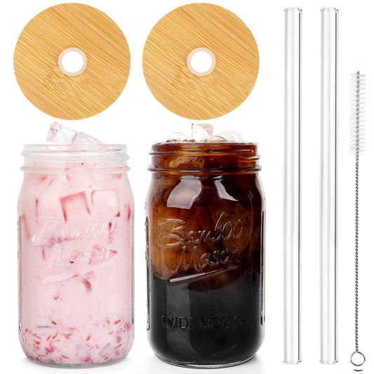 ANOTION Mason Jar with Lid and Straw, 32oz Wide Mouth Cup Reusable Drinking Glasses Tumbler Smoothie Water Bottles for Iced Coffee Margaritas Ice Cream Juice Cocktail Christmas Gifts
