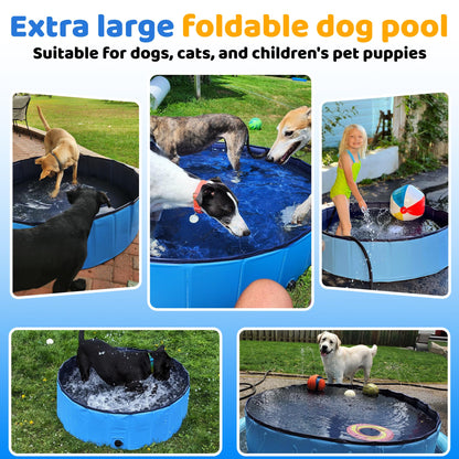 CACSPS Foldable Dog Pool, 32" x 8" Kiddie Pool with Hard Plastic, Non-Slip Dog Bath Tub for Outdoor Backyard, Collapsible Dog Swimming Pool for Kids Dogs Pets (Blue)