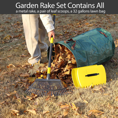 Rake for Leaves, 25 Tines 18" Wide Metal Leaf Rake with 32 Gallon Lawn and Leaf Bags & Leaf Scoops, Garden Adult Kids Lawn Shrub Yard Landscape Rake Heavy Duty Long Handle 30-60