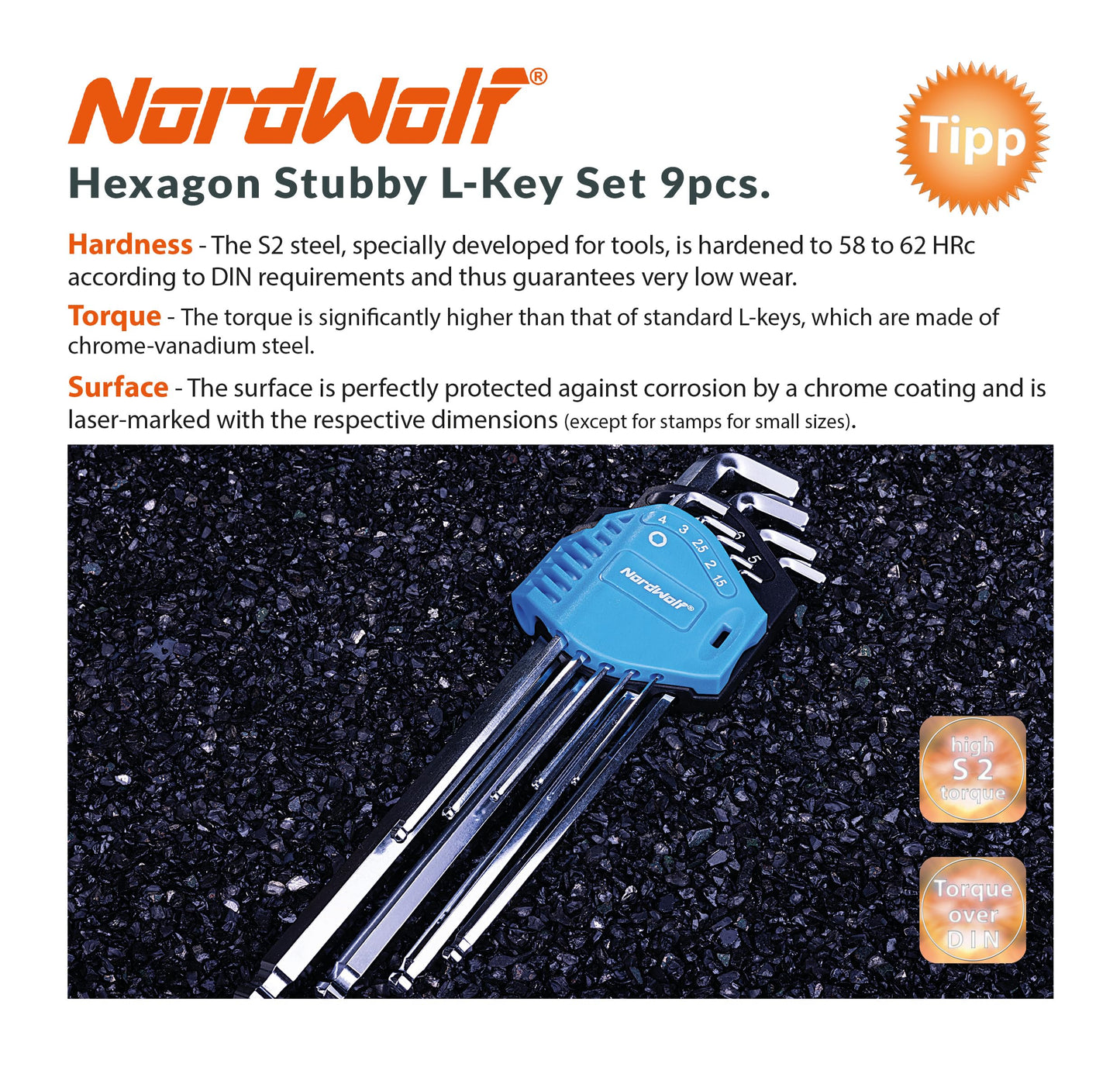 NordWolf 9-Piece Metric Stubby Allen Wrench Set, S2 Steel Long Arm Ball End Hex L-Keys, Sizes 1.5mm to 10mm